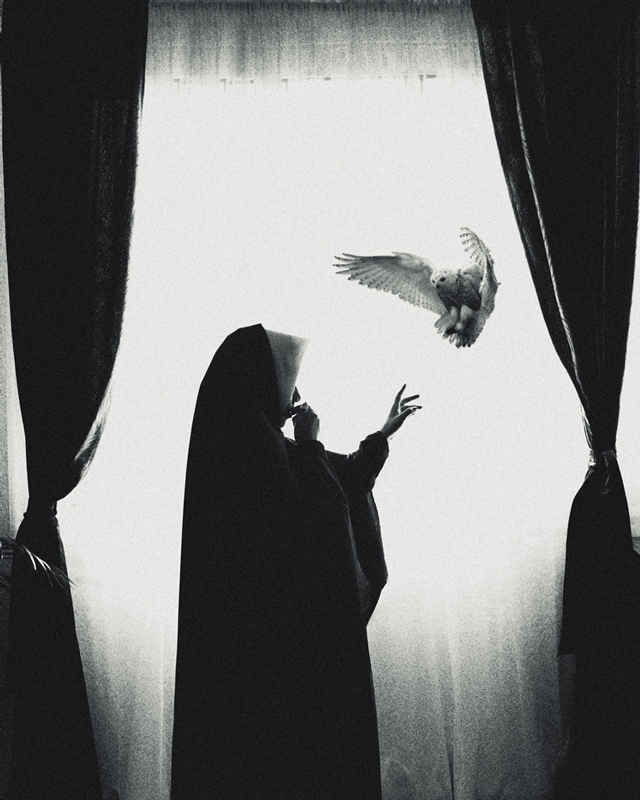 Black and white photograph nun in front of a giant window, holding an owl in her hand.