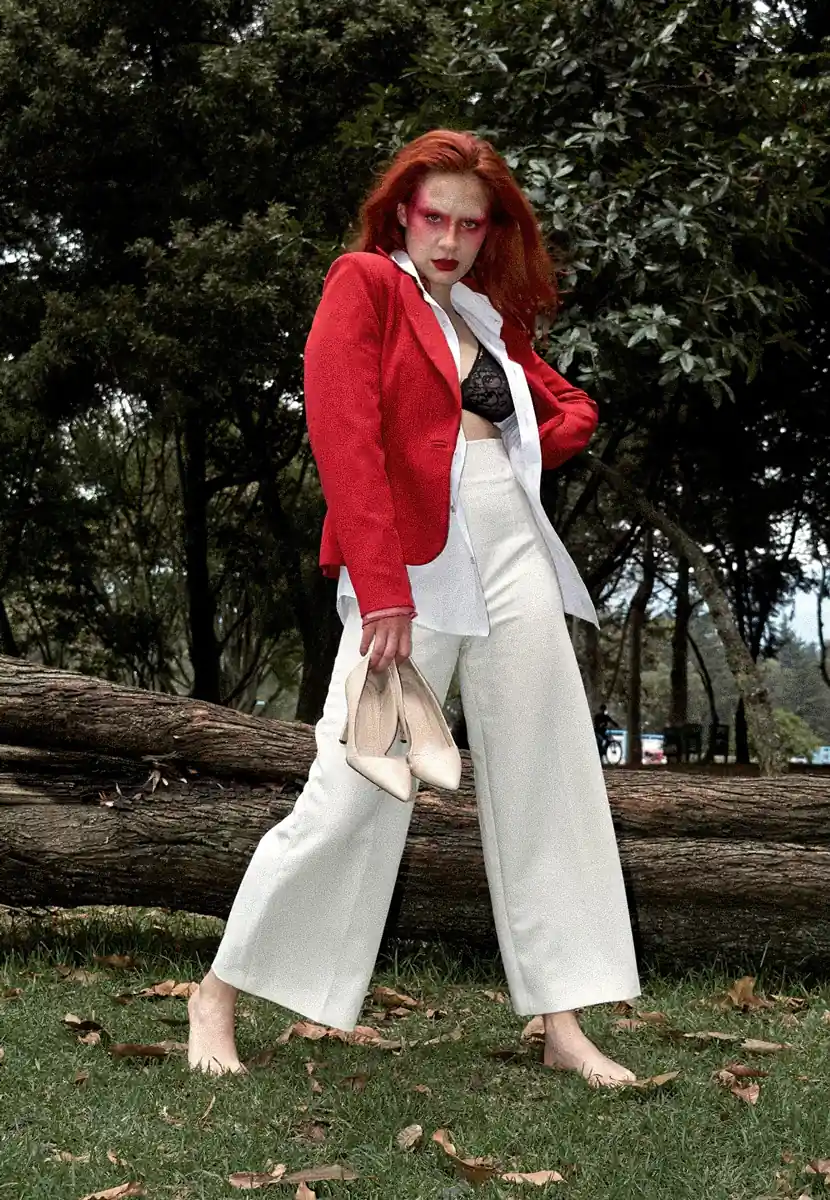 Fotografía de una mujer posando con unos tacones en la mano