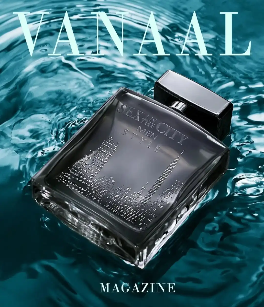 Fotografía de un perfume en agua de color verde